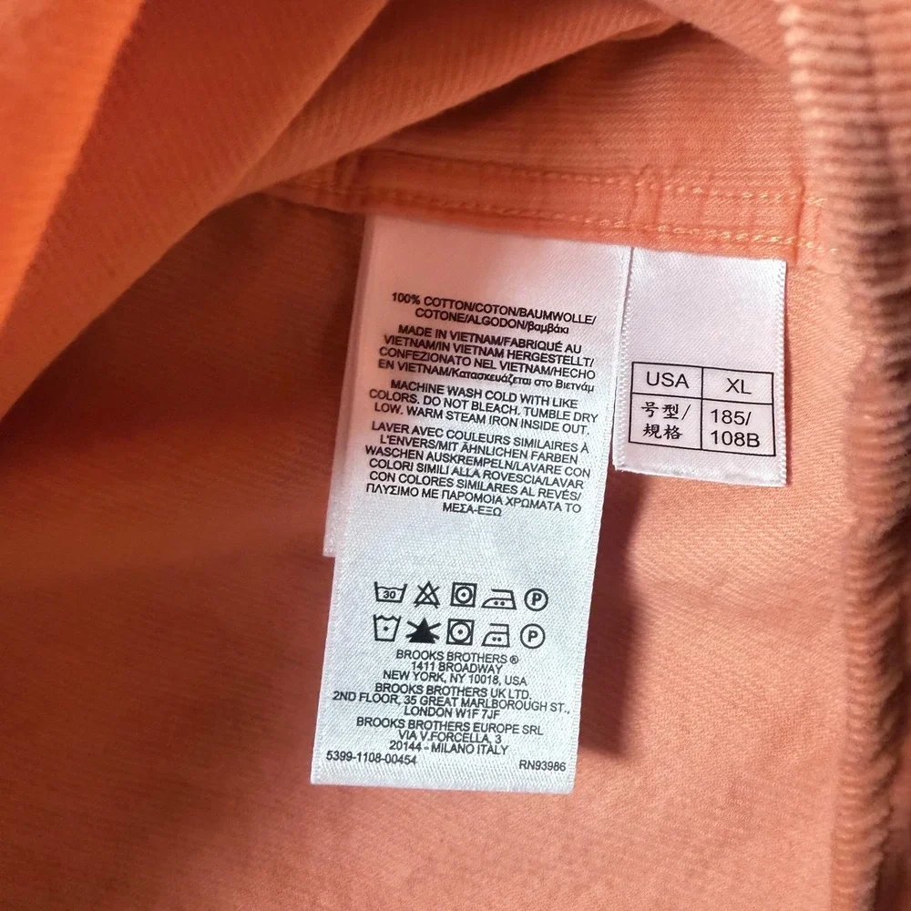 Brooks Brothers Shirt Mens XL Orange Cotton Corduroy Button Down Long Sleeve
